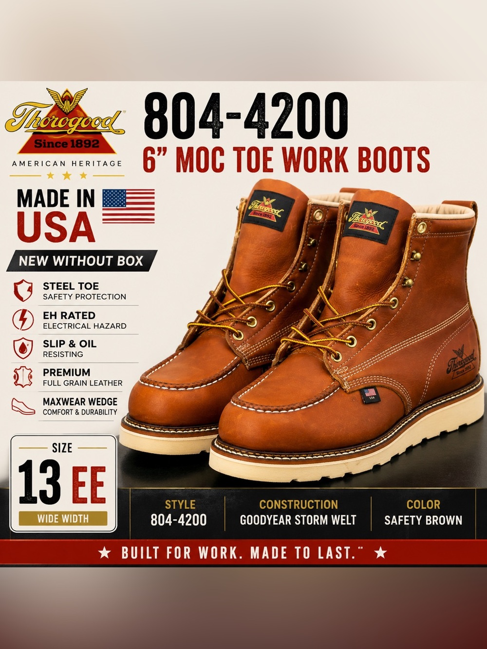 Thorogood 804-4200 6” Moc Toe Steel Toe Work Boots Safety Brown USA 13 EE NWOB